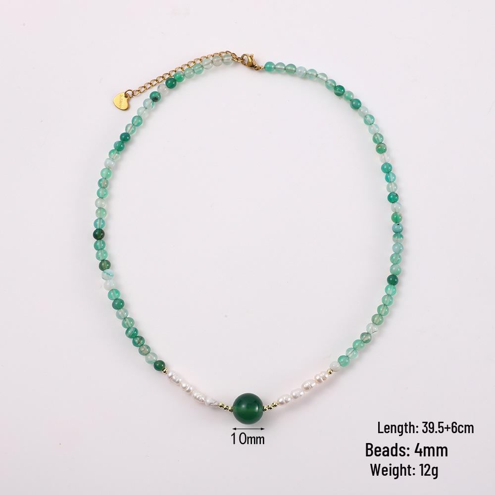 Chinese Green Chalcedony & Pearl Necklace and Bracelet Set - Artistic Forest Style Accessories