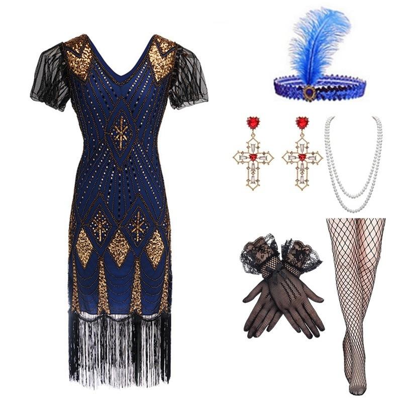 Large Size Retro Sequined Dress Handmade Beaded Fringed Dress Set