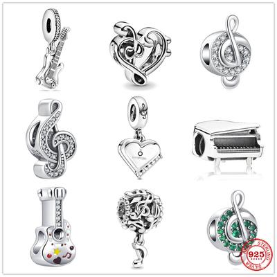 Bracelet Perles Charms Note de Musique Guitare Piano Cœur en Argent Sterling 925 Bijoux DIY pour Femmes