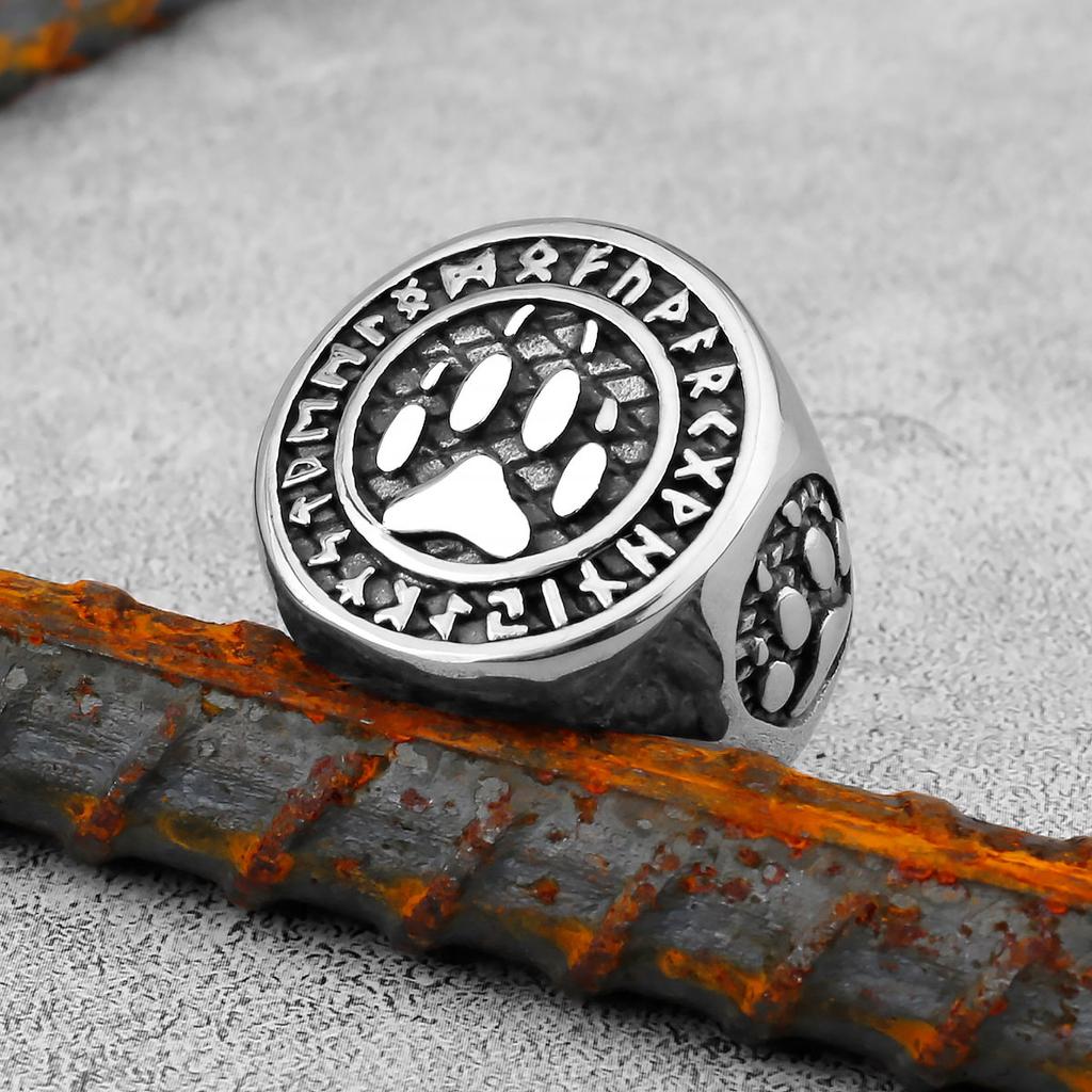 Norse Mythology Rune Ring Viking Bear Paw Stainless Steel Mens Rings Punk Hip Hop Rock for Male Boyfriend Jewelry Gift