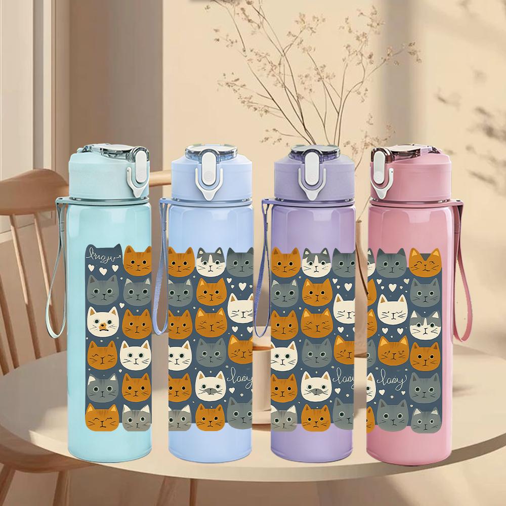 1 PZ Gatto Cartone Animato Layout a Griglia 750ml Colore Plastica Borraccia Sportiva Tappo Flip con Cannuccia Anti-perdita Per Sport Ufficio Uso Domestico