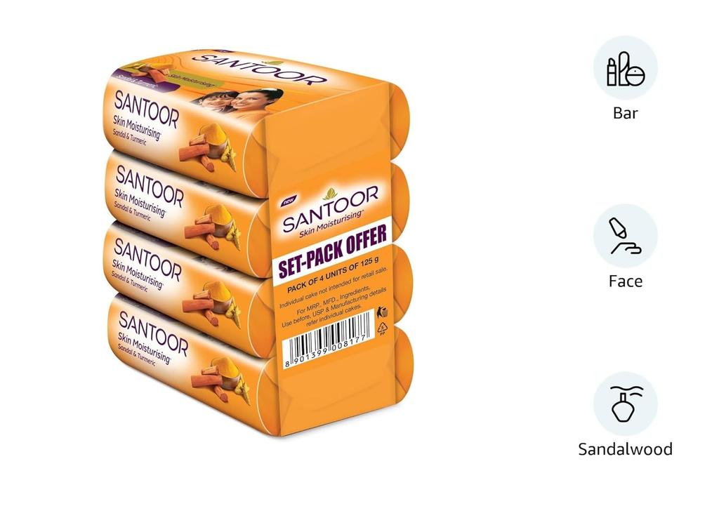 Santoor Sandal And Turmeric Bathing Soap Bar For Soft Glowing Skin Moisturizing Body Cleanser pack of 1 4N X 125g