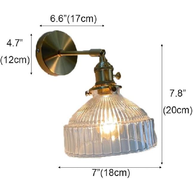 Vintage Glass Wall Sconce - Gold Wall Mounted Light with Striped Glass Shade, Brass Vanity Light Fixture, Adjustable 180 Degree Vintage Wall Lighting