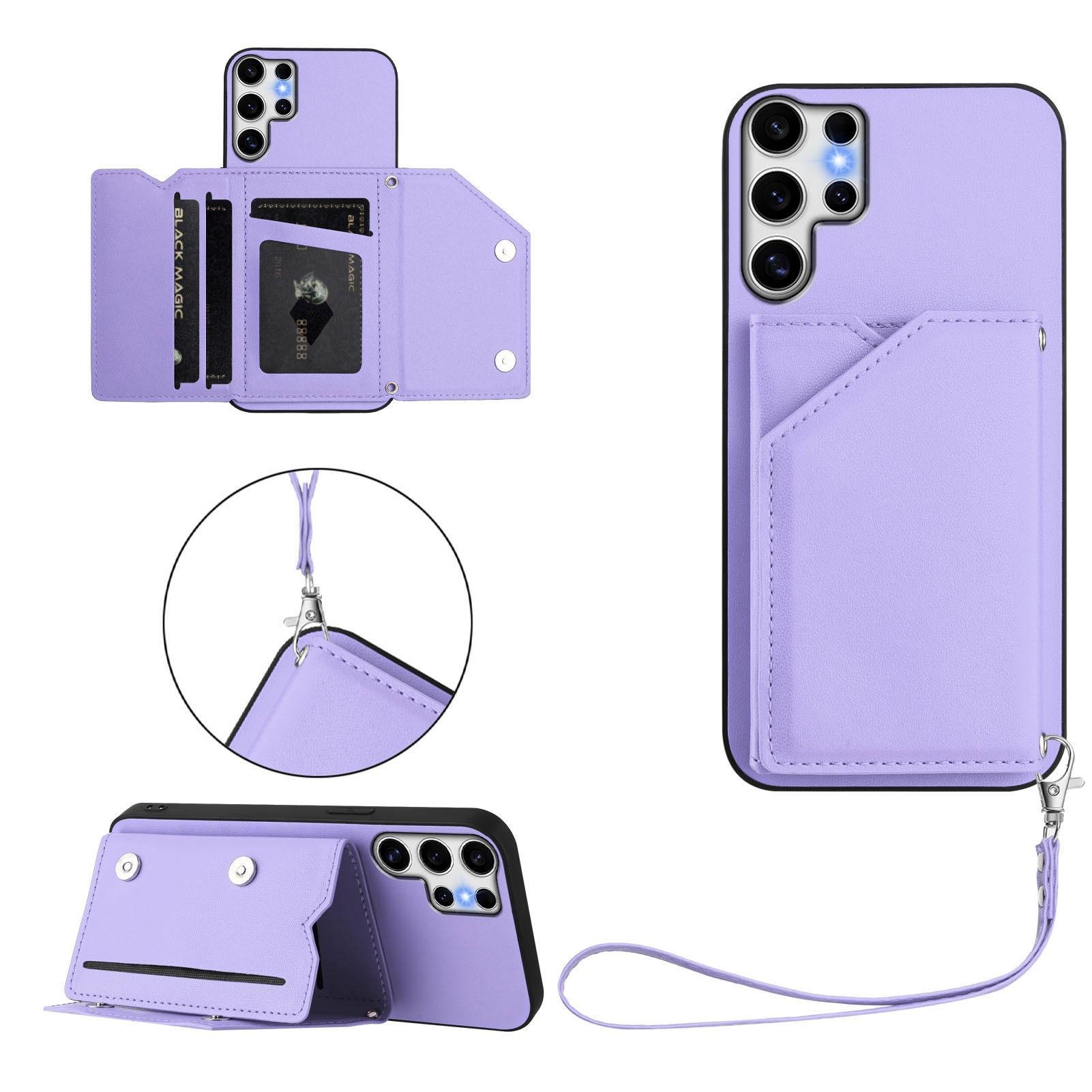

For Samsung Galaxy S25 Ultra Case Card Holder Kickstand Skin-Touch Phone Cover with Wrist Strap Light Purple