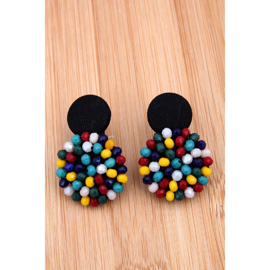 Black Crystal Design Button Earring