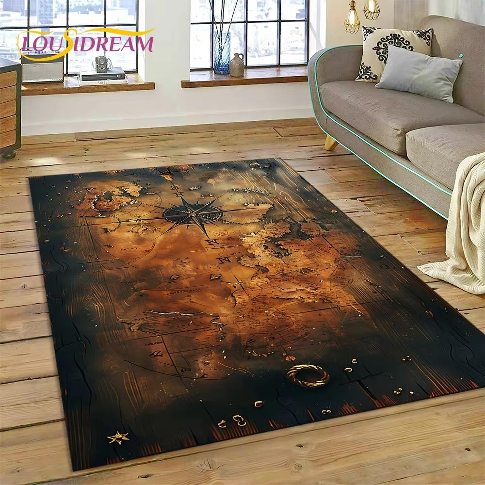 Ancient Nautical Chart World Map Compass Rug Carpet for Living Room Bedroom Decor,Floor Mat Non-slip Decoration for Sofa Doormat