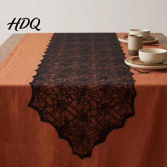 Gothic Style Home Furnishings Halloween Table Runner Black Lace Spider Web Runners 17.7 X Atmospheric Runner for 70.9Inch Party Dinner Kitchen