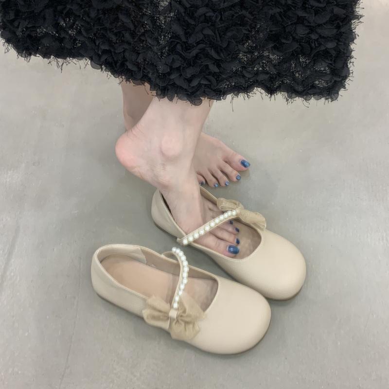 Fashion Spring Single Shoes Women Outside Wear Autumn New Round Toe Beaded with Skirt Lace Bow Slip-on Soft Sole Flats