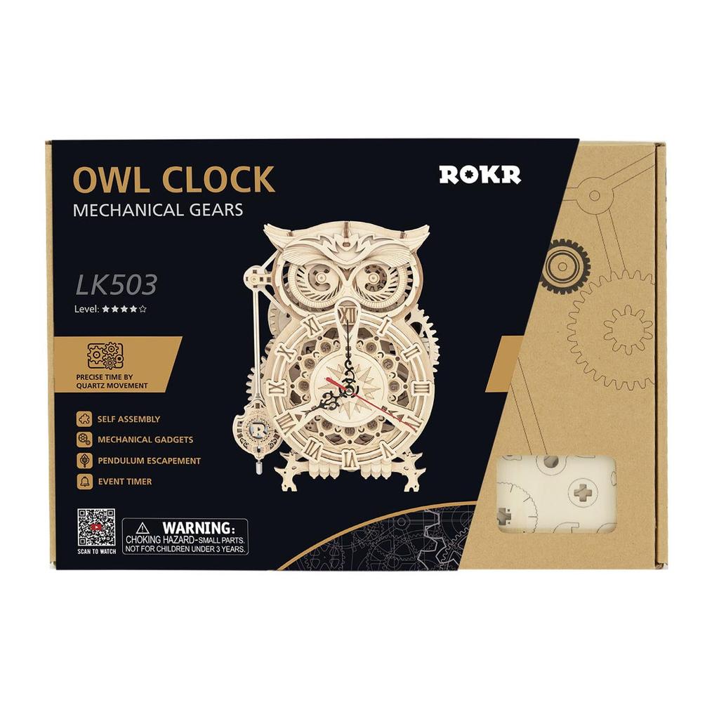 ROBOTIME ROKR Owl Clock Mechanical Gears 3D Wooden Puzzle LK503