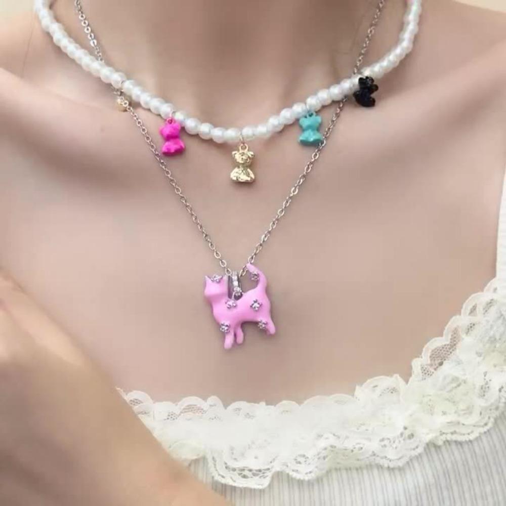 Cute Bear Pearl Necklace Cartoon Women's Choker Sweet Cat Pedant Necklace  Ladies