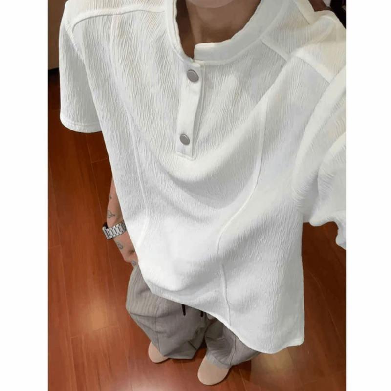 Mens Henley Collar Loose Breathable Textured Short Sleeve Casual T Shirt S белый
