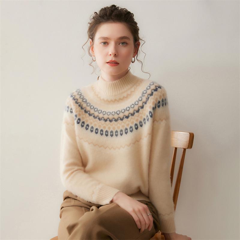 Lekasha Women's Cashmere Goat Wool Fair Isle Knit Turtleneck Sweater for Autumn/Winter