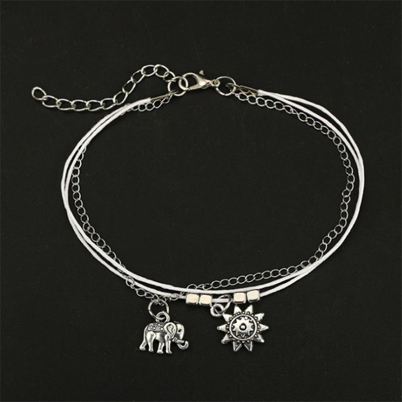 Bohemian Alloy Elephant & Sun Leather Chain Anklet with Beads
