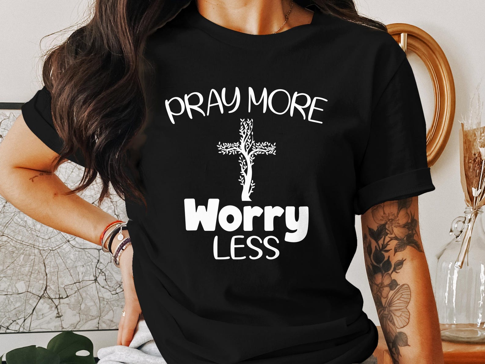 Pray More Worry Less Christian T-Shirts, Jesus Faith God Religion, Religious Faith Based T-Shirts, Bible Verse T-Shirts, Gift S