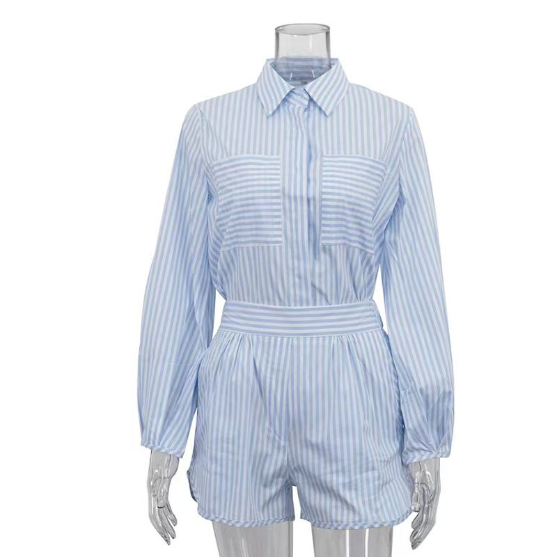 

Western Style New Fashion Temperament Stripe Shirts Shorts Set Striped Shirt Shorts Set Blue L
