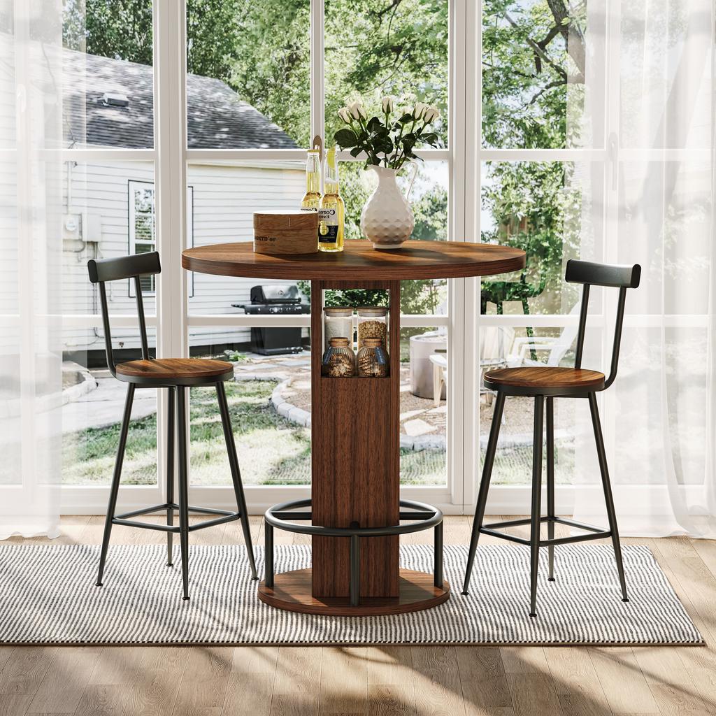 Juego de Mesa y Taburetes de Barra de 3 Piezas, Mesa Redonda de 31.5 Pulgadas con Dos Taburetes, Mesa de Comedor de Madera con Reposapiés Metálico en Forma de Anillo, Nogal