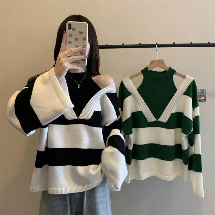 Fake Two Neck Hanging Off Shoulder Long Sleeved Pullover Sweaters for Women In Autumn and Winter Loose and Slimming Chic Tops