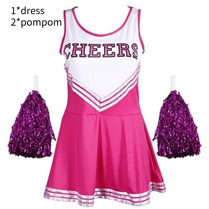 Fancy Dress Cheerleader Outfit Uniform Cosplay Costume With Pom Poms High School