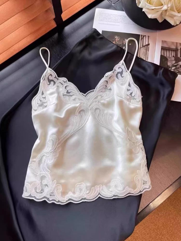 Women White Lace Trim Camisole Vest Thin Micro Elastic High Waist Elegant Sleeveless Top Spring Summer Inner & Outer Wear