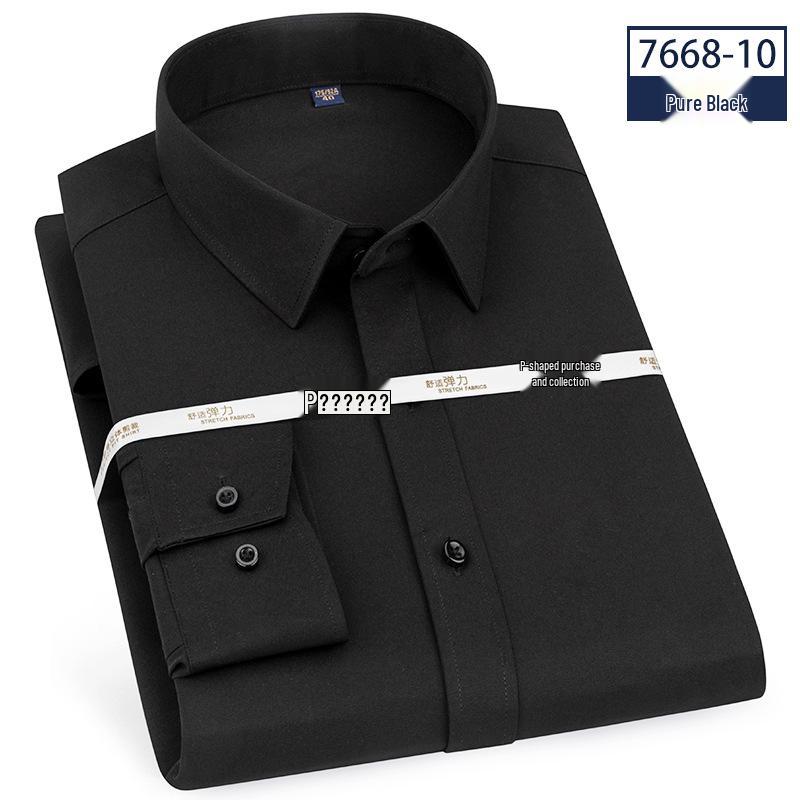 High Elasticity Non-Iron Slim Fit Men's Long Sleeve White Collar Business Casual Shirt with Pocket for Spring and Autumn.