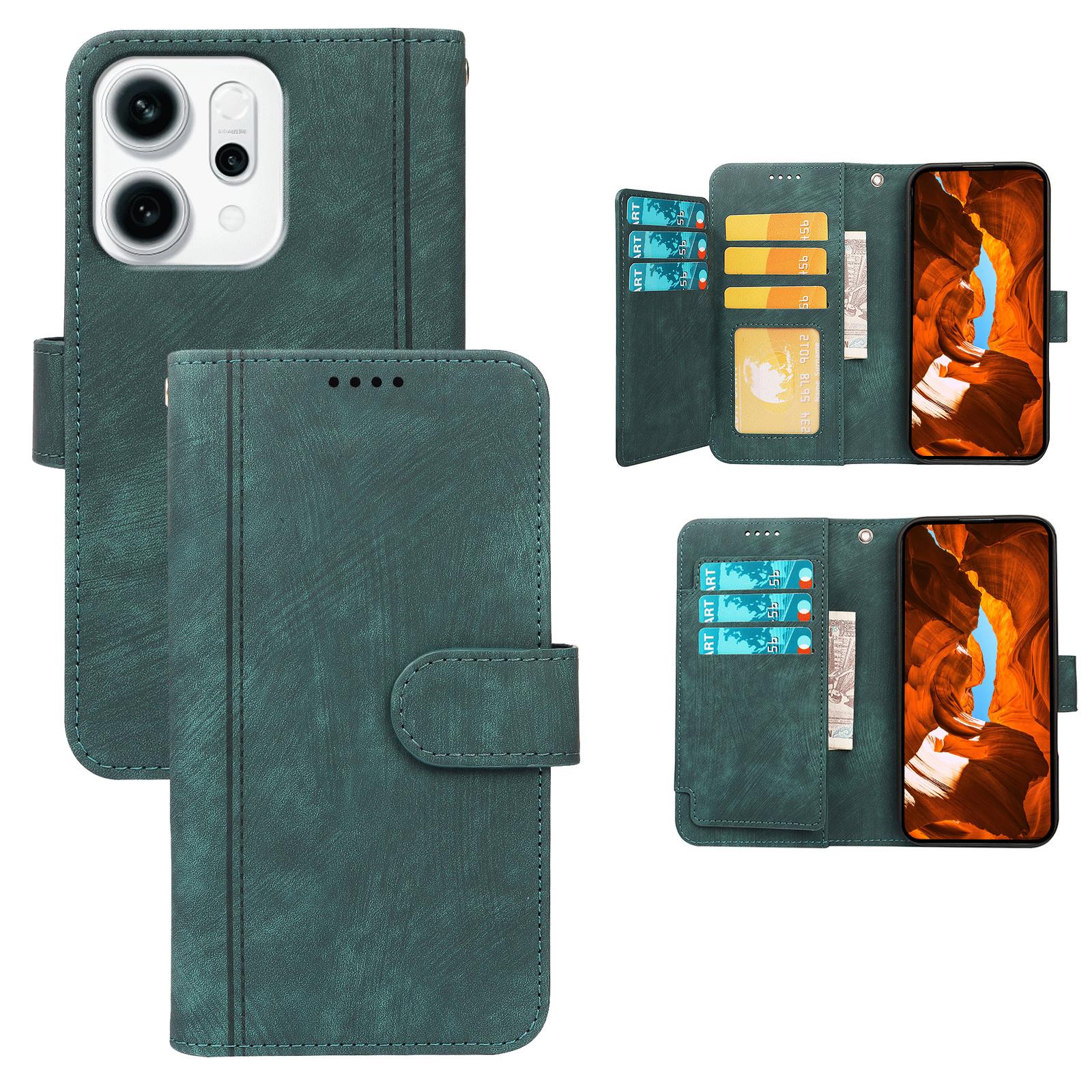 

For Oppo Reno14 F 5G Leather Case Line Pattern Wallet Phone Cover with 9 Card Slots Green