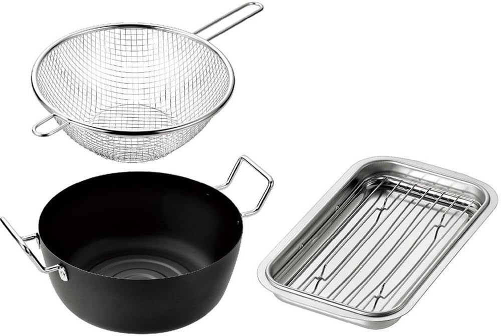 

Tsubamejuku Technique Tempura Pan with Shallow and Strainer RB-700, 22cm, Fryer, Tray, чёрный