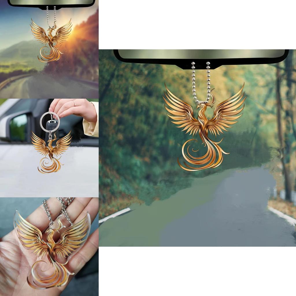 Stunning Retro Acrylic Golden Phoenix Car Charm Luxurious Keychain Pendant For Auto Use