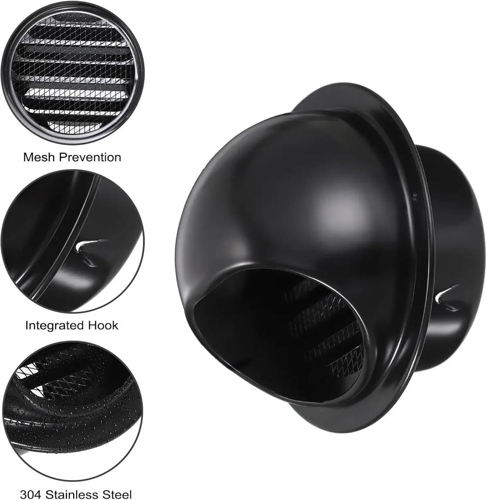 60 Mm ~ 200 Mm Stainless Steel Black Exhaust Hood Wall Wall Vent Cap with Built-in Fine Mesh Air Vent Outlet Grille Louvres