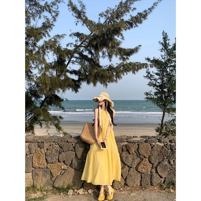 

Kumikumi Holiday Style Elegant Yellow Plaid round Neck Vest Dress Women Summer Age-Reducing Loose A- line Skirt Yellow Dress S