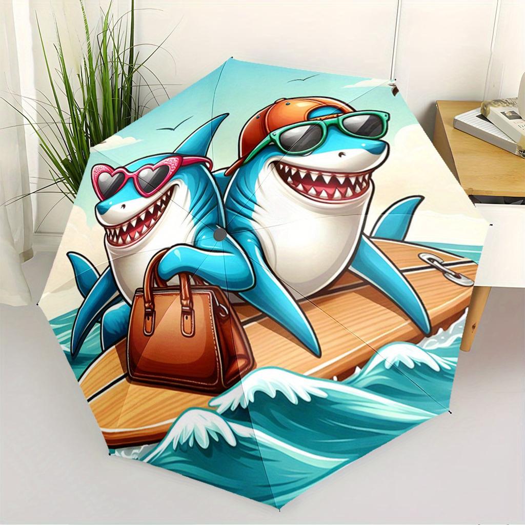 Folding umbrella Sharks surfing on waves, vibrant tropical background Creative portable folding umbrella, suitable for all hol