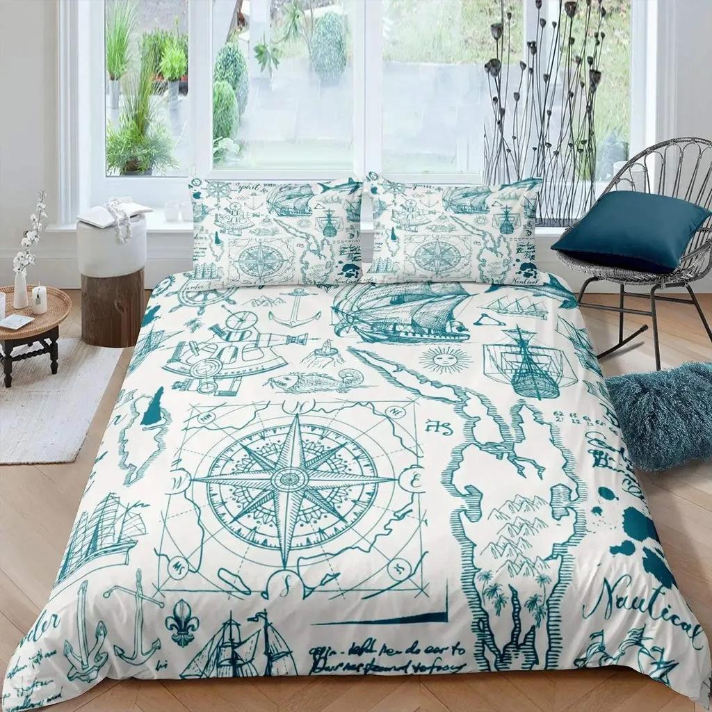 Compass Telescope Duvet Cover Set Navigation Theme Polyester Comforter Cover King Queen Size For Kids Boys Girls Bedding Set
