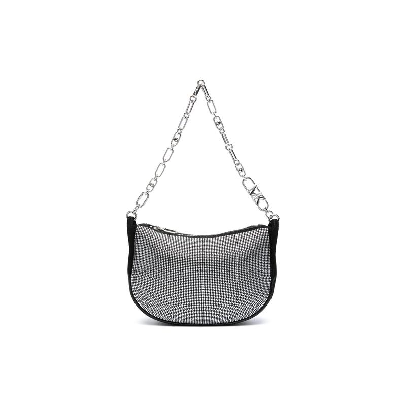 MICHAEL KORS Kendall glass crystal embellished zipper closure calfskin shoulder tote small women's silver