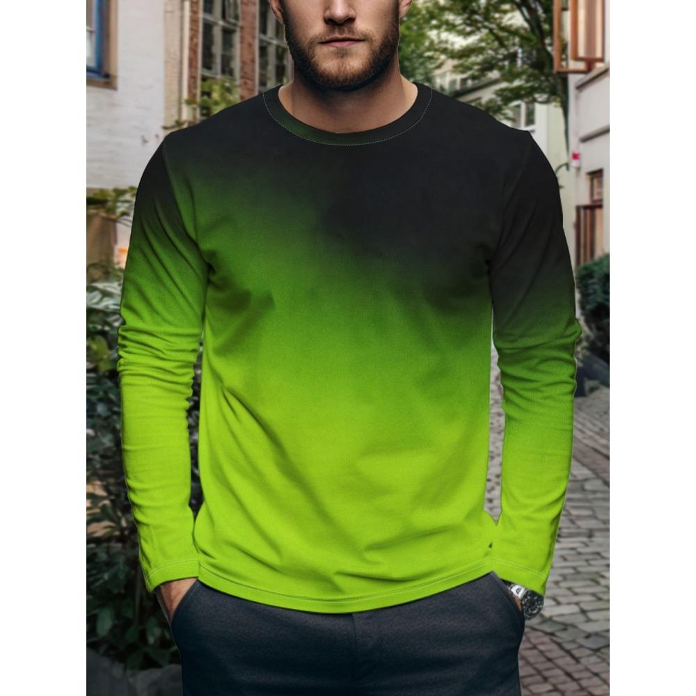 Autumn Casual Men's Long Sleeve T-Shirt Men's Fashion Tops Gradient Pattern Tees Crew Neck T-Shirt Outdoor Daily Clothes for Men