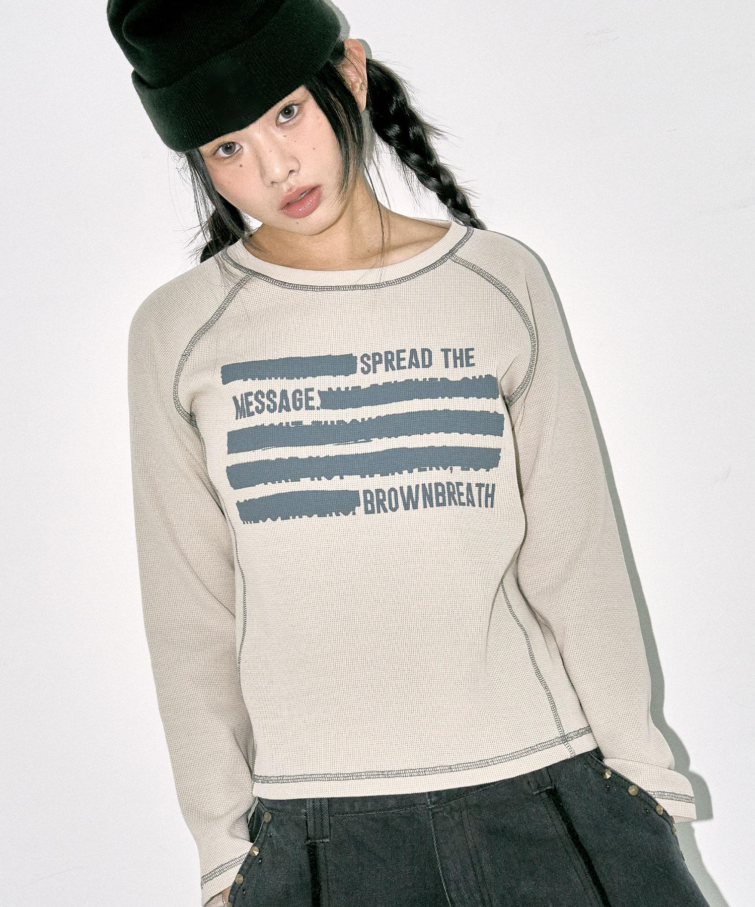 Brown Bless W Slogan Waffle Raglan Tee - Beige Beige/S