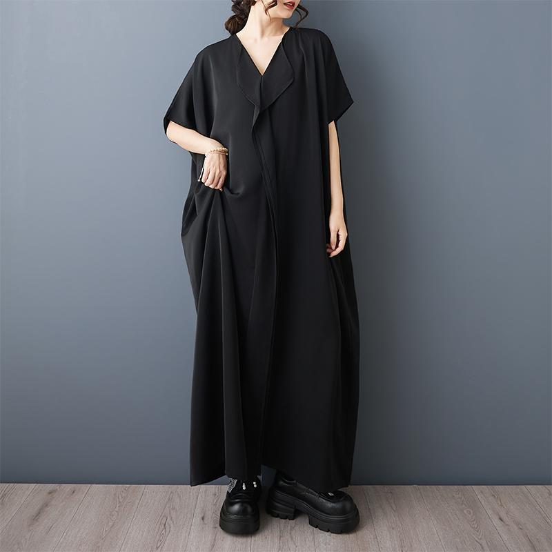 DIMANAF New 2026 Summer Women Plus Size Vintage Elegant Lady Long Dress Black Chiffon Loose Oversize Maxi Clothing