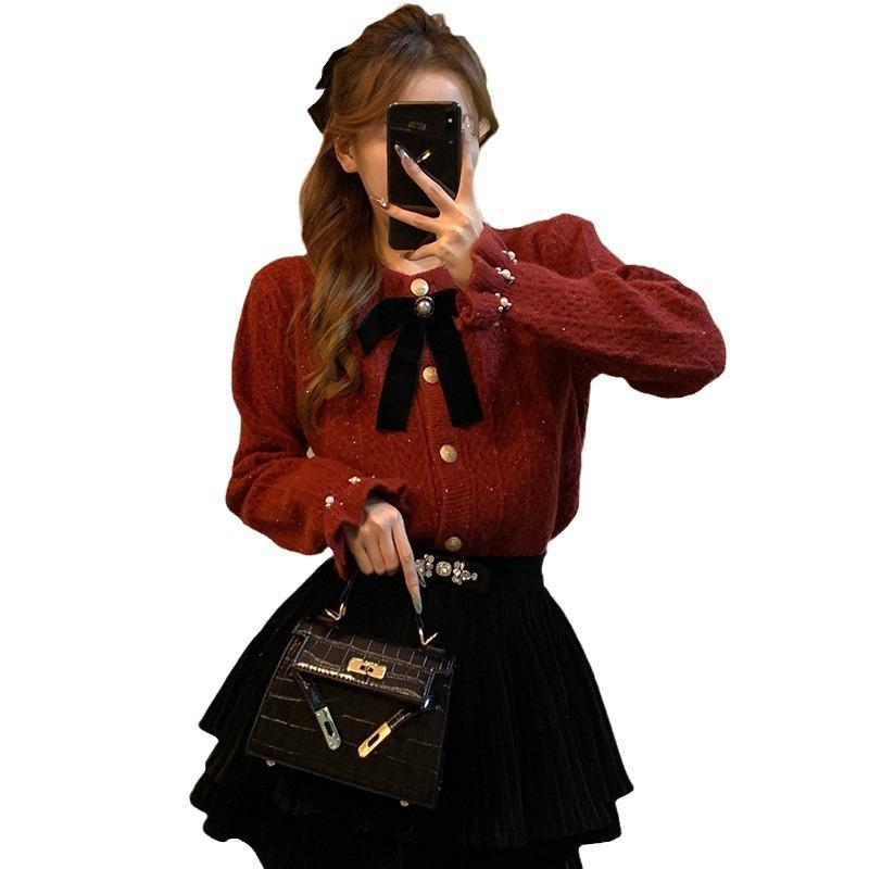New light ripe women's clothing bow trendy jacket knitted cardigan women's niche design sense gentle bright silk sweater