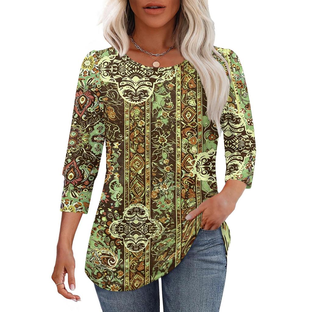 Damen Casual Lockere Passform Dreiviertelarm Oberteil Rundhalsausschnitt Bohème-Print Bluse Leichter Bequemer Stoff Geeignet für den täglichen Gebrauch