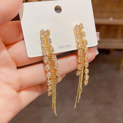 Double Row Diamond Chain Long Fringed Earrings Women's Light Luxury High-end Fashion Studs Simple and Versatile Earrings