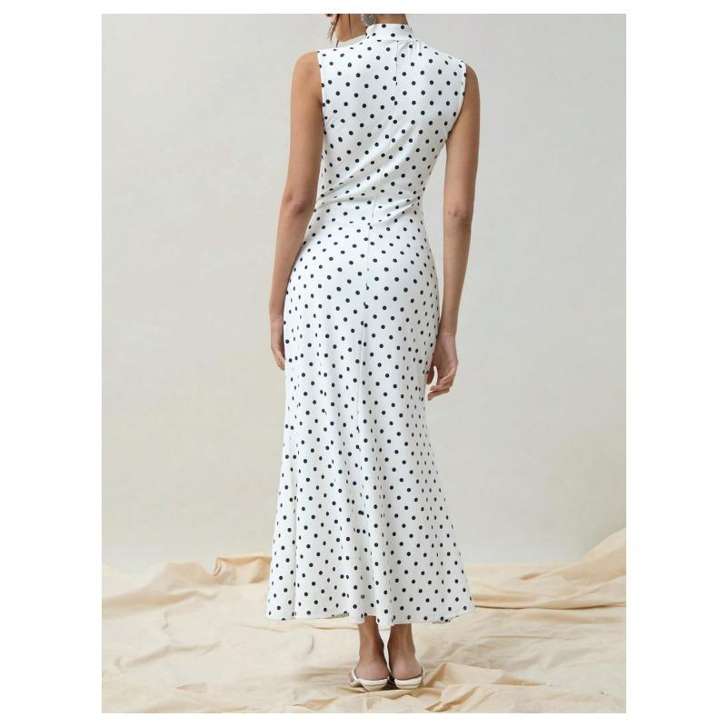 Women's Crew Neck Polka Dot Printed Maxi Dress Vintage Waist Defined