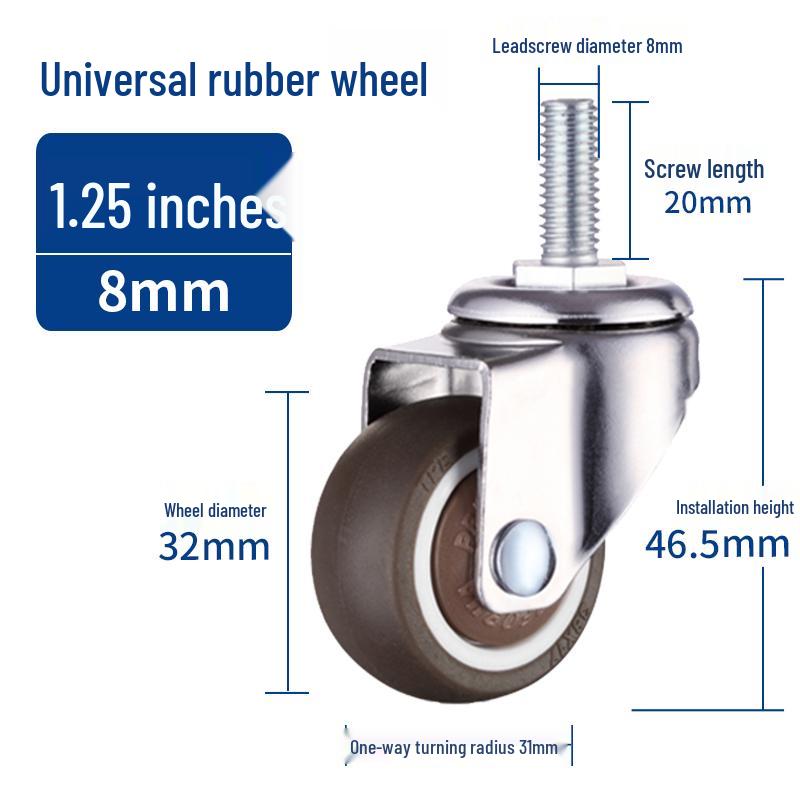 Rueda giratoria de goma universal con freno y rodamiento silencioso - Rosca M6/M8/M10/M12, Rodillo blando