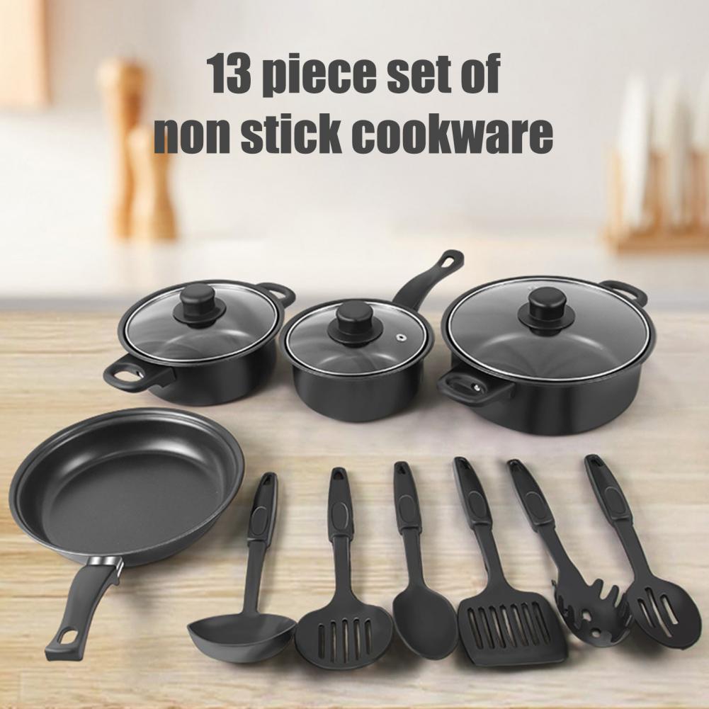 13Pcs Cookware Set Non-Stick Iron Pots And Pans with Comfortable Handles Clear Glass Lids Large Capacity Cooking Utensils for Ho
