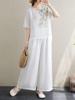 Summer New Arrivals: Artistic Retro Short-Sleeved Top & Pants Two-Piece Set for Mothers, Cotton Linen Blend