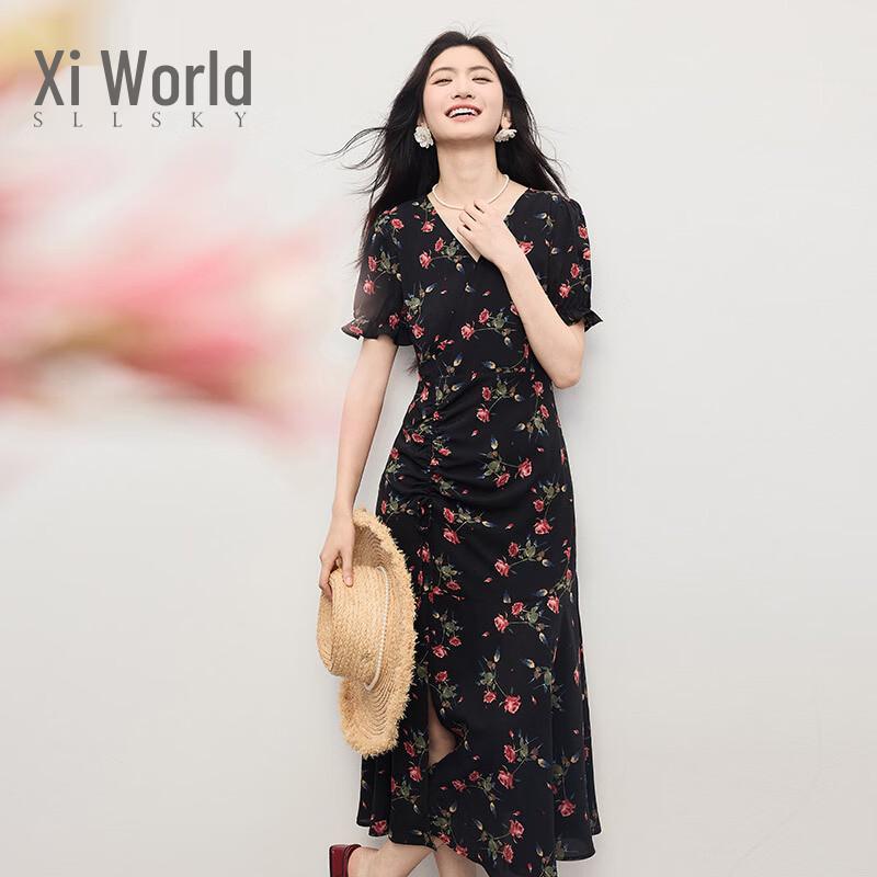 sllsky French Style Imitation Silk Rose Floral Puff Sleeve V-Neck Maxi Dress XL