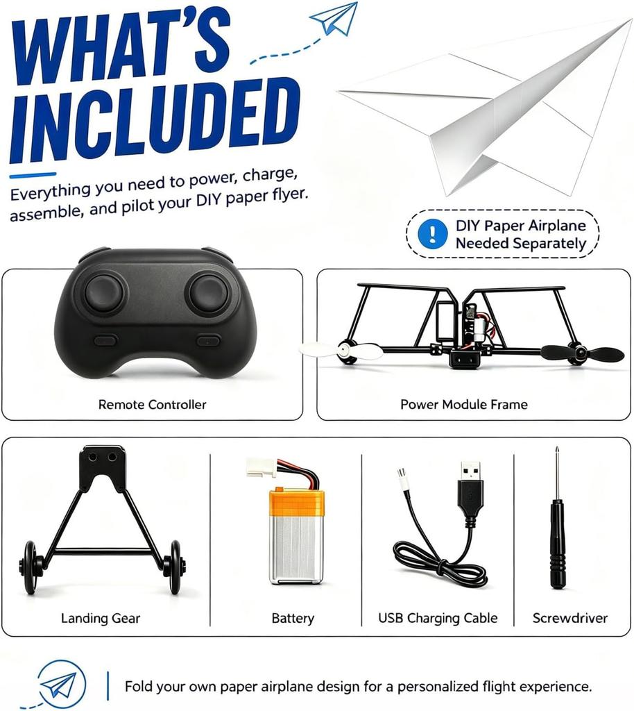 RC Paper Airplane Kit - DIY Remote Control Airplane with Gyro Stabilizer Dual Propeller Motor Lightweight Design for Beginners Kids Hobbyists