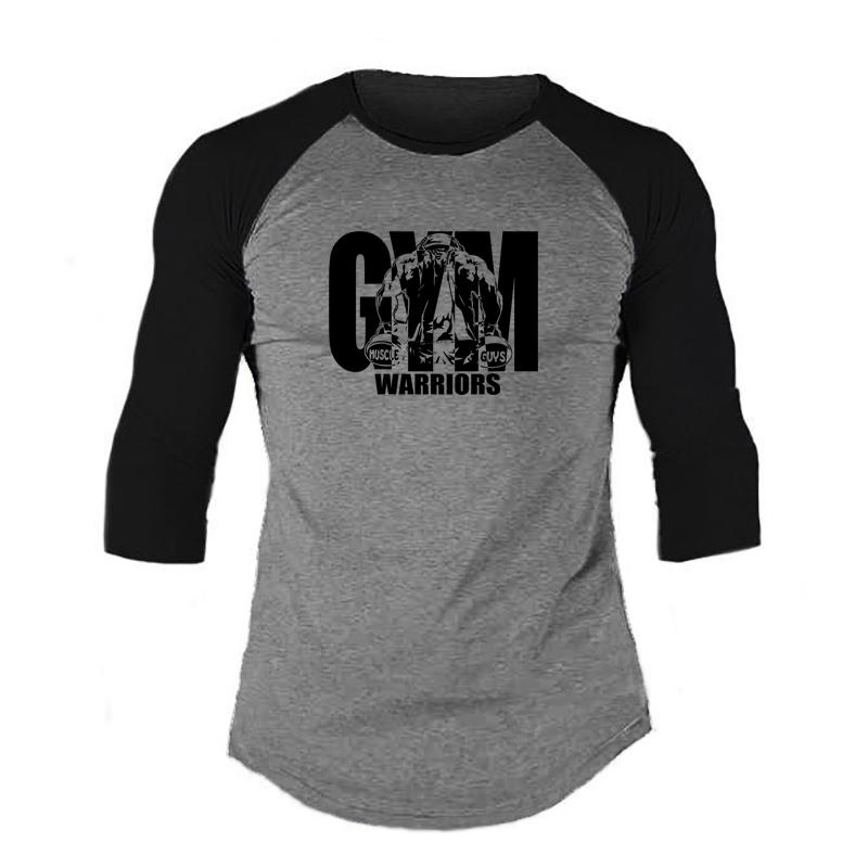 Muscleguys Gym Warriors Clothing Mens Running T-shirt Spring Autumn Three Quarter Sleeve T Shirt Patchwork Fitness Tee Shirts Sports Tshirt