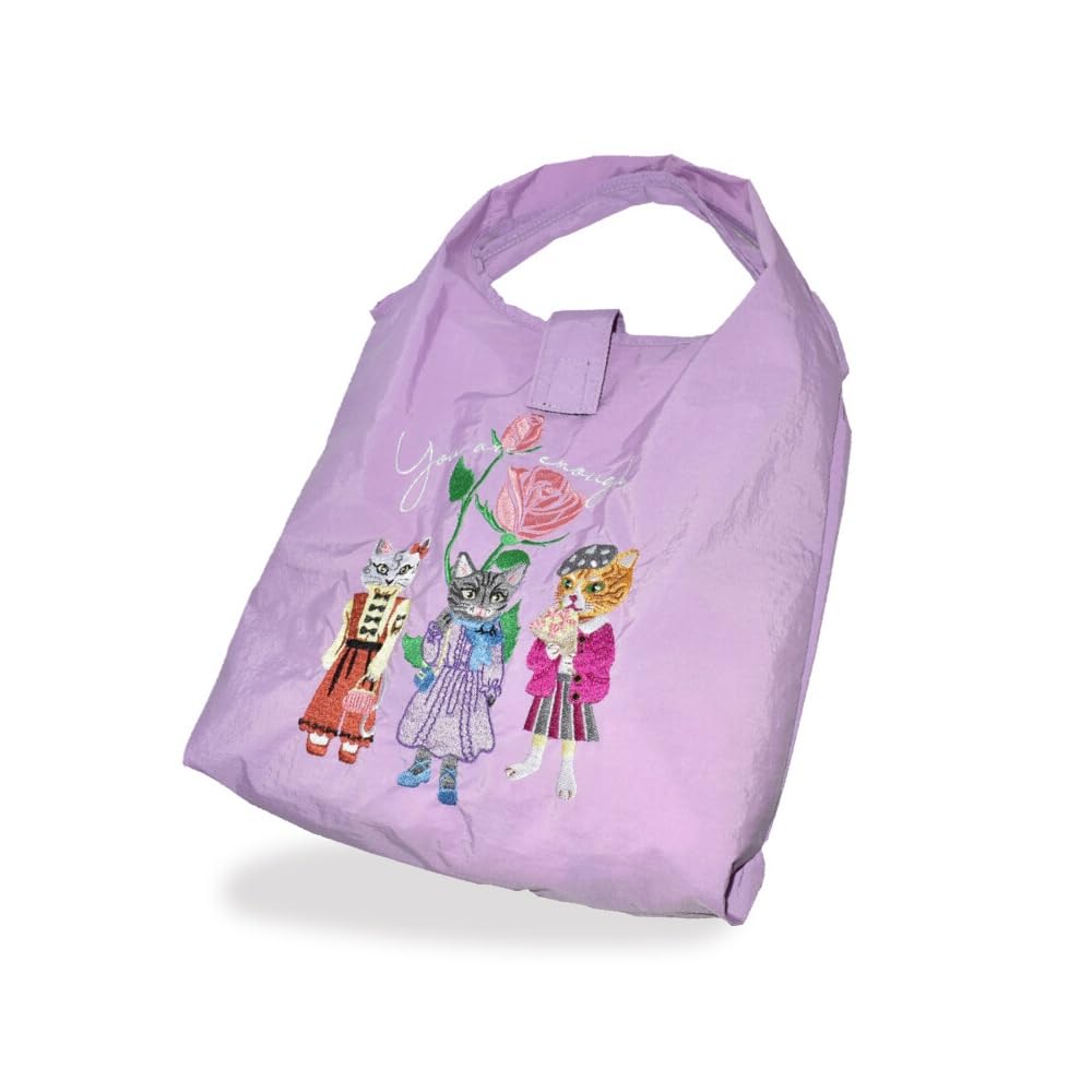 

Women s Stylish Cat Embroidered Nylon Tote Bag, Cute, Foldable, Lightweight, and Compact (Purple)