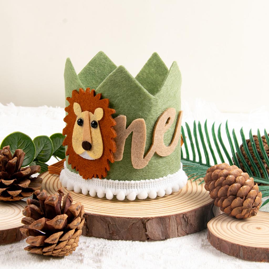 Jungle Safari Animal Lion One 1 Year Birthday Crown Headband Hat Happy Birthday Party Decor Kids Baby Shower 1st Birthday Party