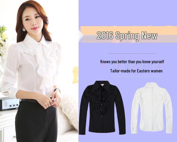 Damen Chiffonbluse im koreanischen Stil mit Peter-Pan-Kragen und Rüschen-Langarm für Frühling und Herbst.