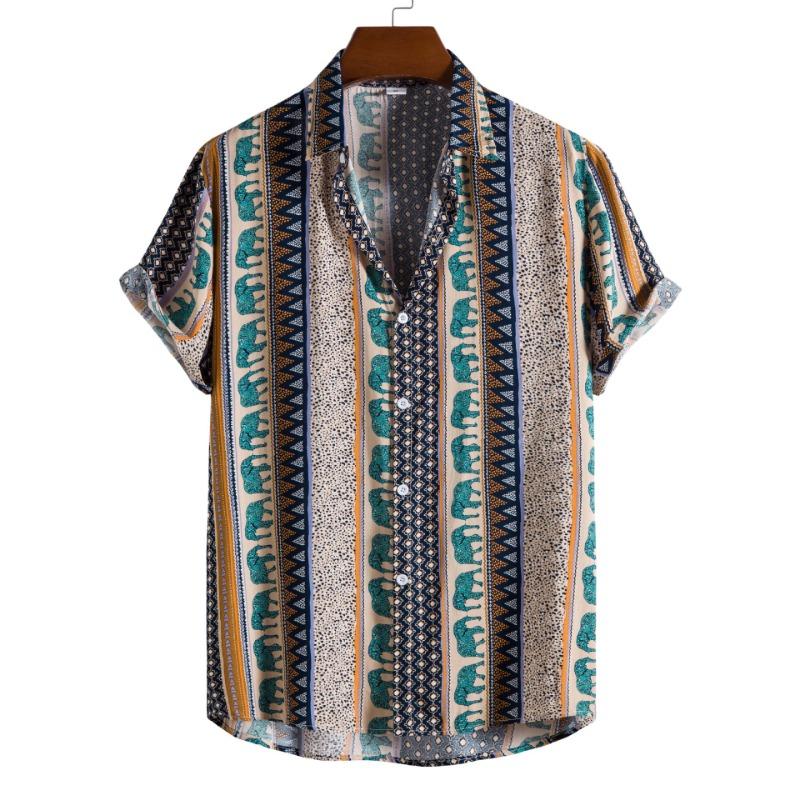 

Men Ethnic Geometric Elephant Print Turn Down Collar Short Sleeve Casual Button Up Shirt L синій