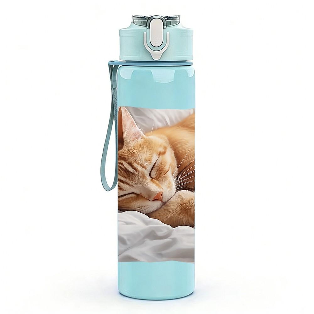 1PC Sleeping Cat Cozy Animal Print 750ml Color Plastic Sports Water Bottle Leakproof Flip Straw Lid Suitable for Sports Office Home Use